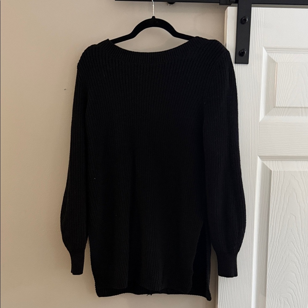 Elegant Black Crew Neck Sweater w/ V-Dip Back